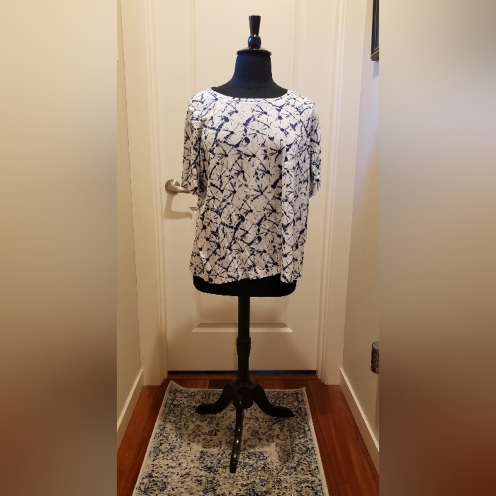 Thakoon Elegant Blue and White Abstract Short Sleeve Top